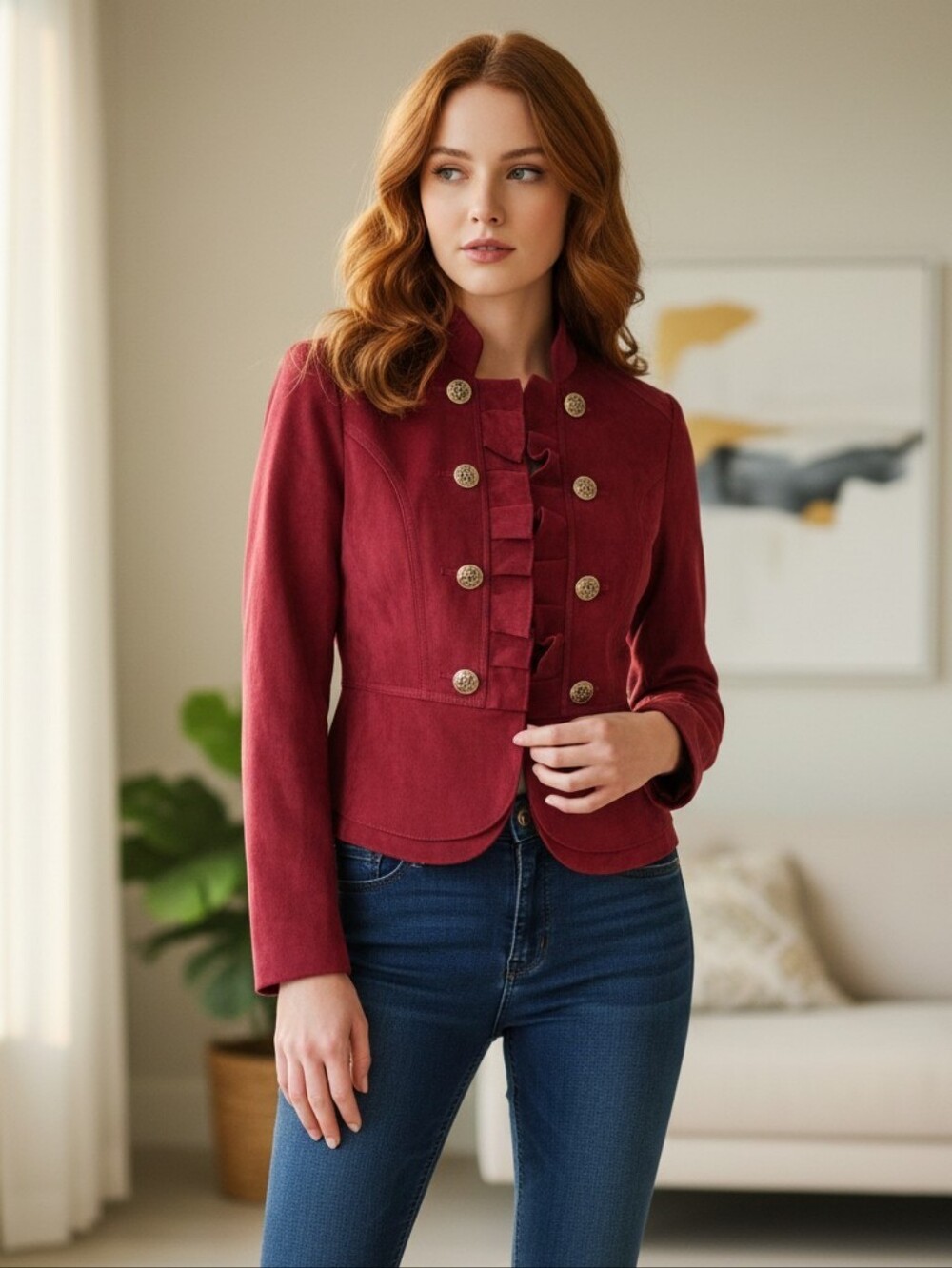 NWOT Kate Rosy Red‑Orange Military‑Style Velvety Textured Jacket – Size PS